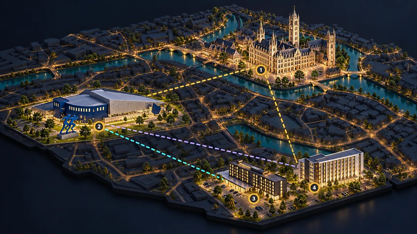Illustrative 3D map of Ghent showing the City Hall, the Topsporthal and two hotels connected by dashed lines