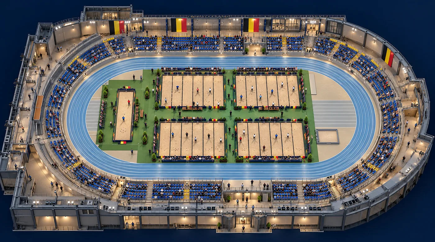 Illustrative 3D image of the proposed playing-field layout: four blocks of competition courts and a final court inside the hall, surrounded by an athletics track and stands